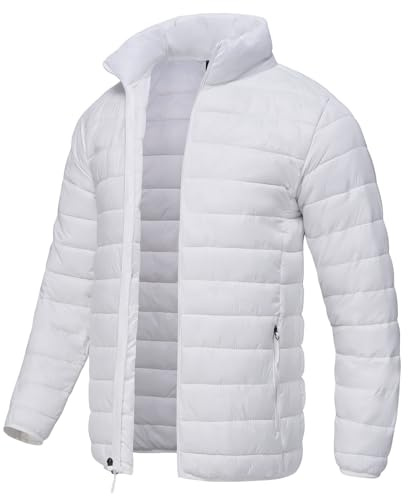 SPOSULEI Puffer Jacket for Men Packable Lightweight Winter Warm Down Jackets Coats Outdoor Insulated Water Resistant Travel Hiking Camping Jacket with Pockets White XL