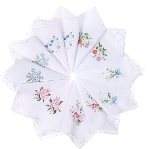 TIESOME 12 Stück Stofftaschentücher Damen, Vintage-Blumen-Taschentuch, Spitzen-Taschentuch, Taschentücher Stoff, Baumwolle, Weiß, 28 x 27 cm, für Hochzeitsfeier und Alltagsgebrauch