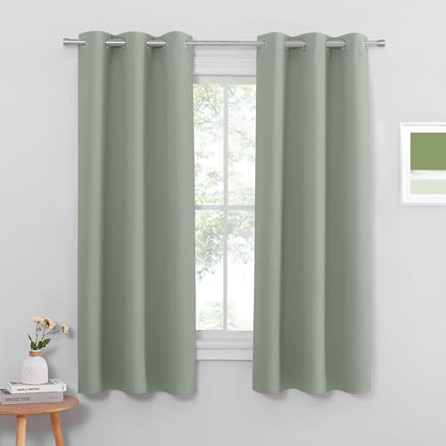 PONY DANCE Blackout Sage Green Curtains Bedroom - Short Thermal Insulated Energy Saving Curtains & Drapes for Living Room Kitchen Nursery Panels Blinds for Home Decoration, Set of 2, 42 x 45 Inch