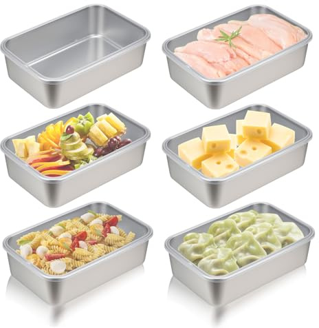 Mulaibdin 6 Pcs Stainless Steel Deli Containers, Bacon Cheese Storage for Fridge, Cold Meat Container with Lid, Meal Prep Containers Reusable, Food Container for Pasta,Celery, Microwave Safe (M)