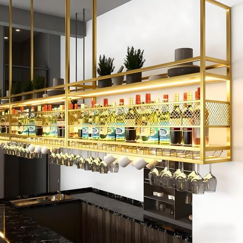 RAJYQODIS Plafond Bouteilles Suspendu,Porte-Verres à vin Suspendu en métal， Porte-Verres à vin Suspendu à 2 Niveaux, pour Bar, Restaurant, café et Cuisine (Or, 80cm)
