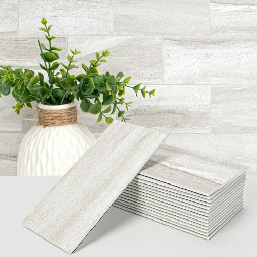 Art3d 102-Piece Faux Stone Peel and Stick Backsplash Tile, Waterproof Thick PVC Stick On Subway Wall Tile for Kitchen Bathroom Laundry Room Fireplace - 3 x 6 Biege Marble