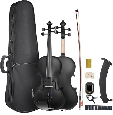VEVOR Violon 4/4, Kit Violon Débutants Bois Massif avec Étui, Colophane, Archet, Épaulière, Chevalet, Accordeur, Cordes de Rechange, Instrument de Musique Professionnel pour Étudiants, Adultes, Noir