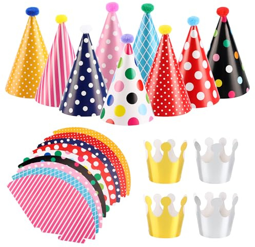 YiliYa Cappelli a Vono per Feste Compleanno,Cappellino in Carta con Corona con Pom Cappello Festa Compleanno per Bambini e Adulto per Festa di Capodanno Natale Halloween 33 Pezzi