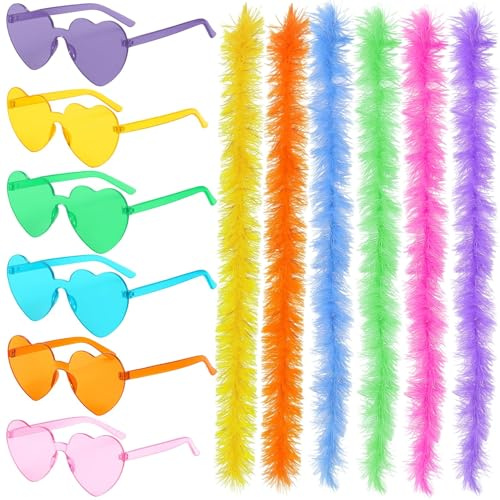 Lot de 12 boas à plumes multicolores pour fête, carnaval, Halloween, avec boas en plumes et lunettes en forme de cœur, parfaits pour les femmes et les filles