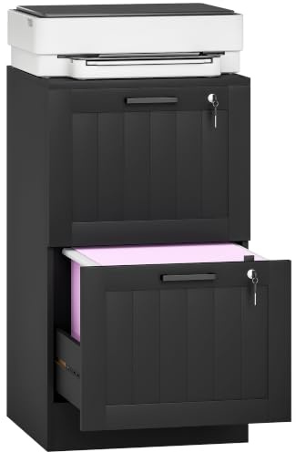 HOMCOM 2 Drawer File Cabinet with Lock for A4 and Letter Size Folders Black | Vertical Filing Cabinet, Adjustable Hanging Bars, Printer Stand with Storage