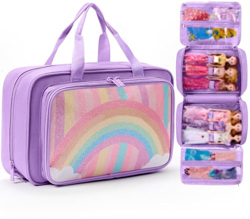 BECOSEFU Carrying Case Compatible with Barbie Dolls 12-Inch, Storage Organizer Holder with Handle for up to 6 Dolls, Multiple Pockets for Clothes & Accessories,Travel Portable Storage Bag,Purple