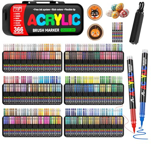 Sonlaryin 366 Couleurs Feutre Acrylique, Marqueur Acrylique Pinceau 1-5mm | Séchage Rapide, étanche à l'eau, Marqueur Acrylique Pour Papier, Verre, Galet, Métal, Plastique, Bois, Céramique, Textile