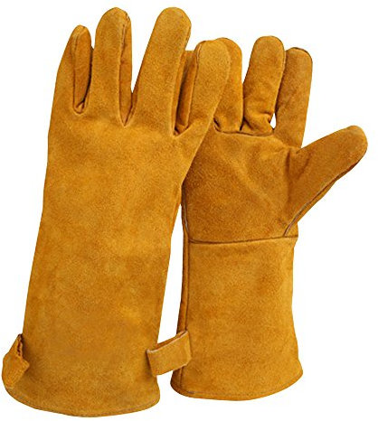 NUZAMAS 1 paire de gants de soudage, 35 cm de long, en cuir de vachette fendu, doublure en mousse, extra long pour soudeurs MIG, barbecue, jardinage, camping, poêle, cheminée