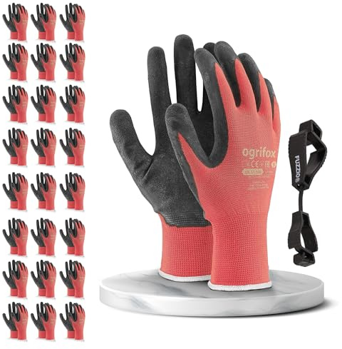 24 paires de gants de travail Ogrifox enduits et porte-gant avec clip pour gants FUZZIO® (M - 8, Rouge)