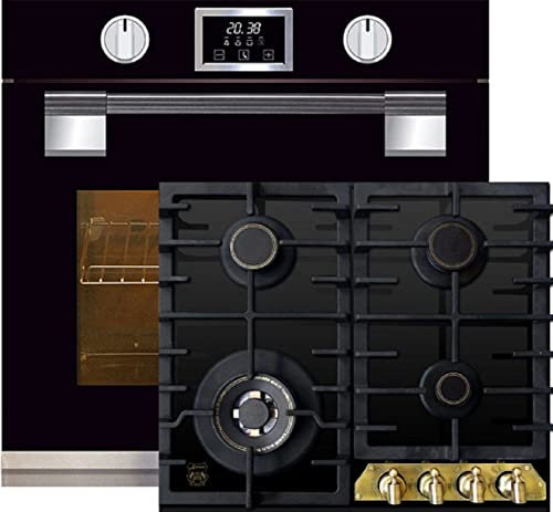 Kaiser Set de cuisinières à gaz EH 6338 S + KCG 6335 Em, four encastré, Softclose, 11 fonctions, sonde de de température, cuisson automatique + 60 cm, verre noir, 3,8 kW WOK, métal bronze