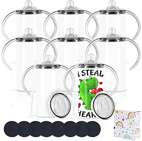 12 Oz Sublimation Sippy Cups Blank, Sublimation Tumbler for Kids, 8 Pack | Sublimation Sippy Cup for Toddler with 2-Lids and Straw, BPA Free, Stainless Steel Straight Cup with Handle Gift for Children