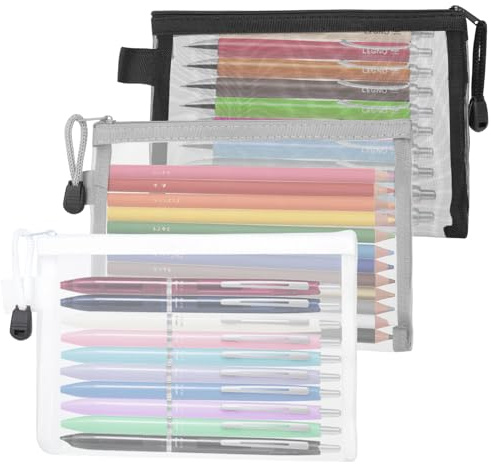 hoinya 3 PCS Clear Pencil Case, Large Mesh Pen Bag for Exams, Multi-Purpose Transparent Makeup Bag & Travel Toiletry Organiser Pouch for School Office Supplies
