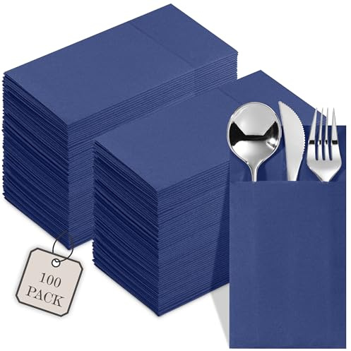 Lot de 100 serviettes jetables avec poche pour couverts, serviettes en papier bleu pour mariage, dîner ou fête, poche intégrée pour argenterie, pré-pliées