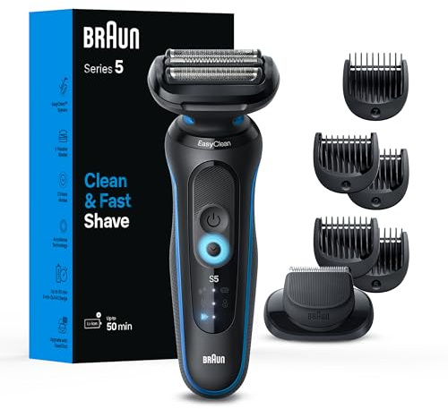 Braun Afeitadora eléctrica para hombre, serie 5 5120s, afeitado húmedo y seco, modo de afeitado turbo, afeitadora de aluminio, diseñada en Alemania, con recortadora de barba y bolsa, azul