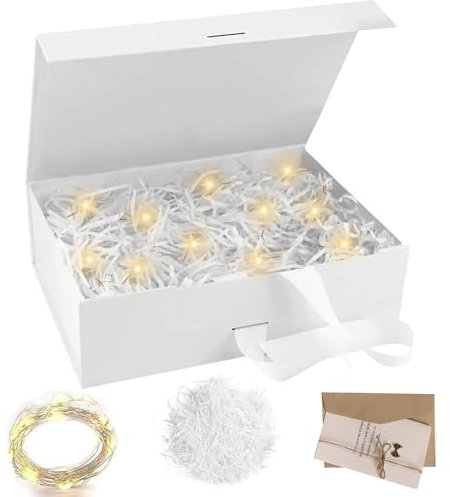 Große Magnetische Geschenkbox Mit Deckel, 21x17x7cm, Weiß - Mit Schleife, Umschlagkarte - Geschenkschachtel für Hochzeit, Geburtstag, Weihnachten