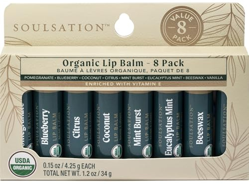 Soulsation Organic Lip Balm Set, 8 Flavors, Natural for Dry Cracked Lips