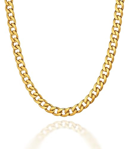 ALANETA Ensemble/collier de chaîne cubaine solide de 60 cm pour hommes, chaîne en acier inoxydable plaqué or 18 carats. Fait à la main. Cadeau pour lui. Bijoux pour hommes. (OR)
