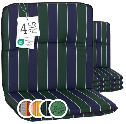 Beo Bali Lot de 4 coussins pour chaise de jardin à dossier bas - 96 x 47 cm - Rayures bleues et vert foncé - Lavables et résistants aux UV - Coussins rembourrés respirants selon la norme Öko-Tex