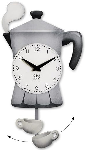 DEKORI Orologio a Pendolo da Parete Mochina – Design Tema Caffè con Tazzina e Fumo in Rilievo – 26x46 cm – Decorativo per Cucina – Made in Italy - (Grigia)