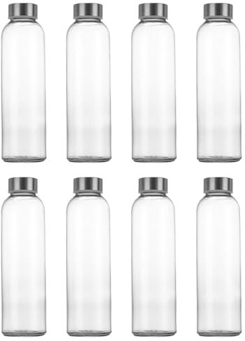 simpa 500ml Reusable Glass Bottles With Stainless Steel Lids - Set of 8 - Suitable for Work, Gym, Home, Hot or Cold Drinks.