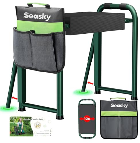 seasky Panchina da giardino pieghevole in ginocchio e seduta, panca da giardino anti-ribaltamento, spessa e morbida, sgabello da giardinaggio resistente con borsa per attrezzi, regalo per giardinaggio