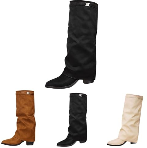 Generisch Bottes hautes pour femme avec talon bloc - Bottes d'hiver à enfiler - Bottes d'hiver rabattables - Bottes au-dessus du genou - Bout pointu - Bottes longues - Bottes pour femmes unies