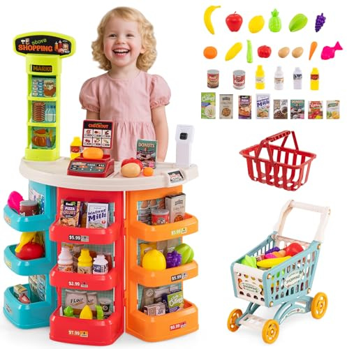 HOMASIS Juego de Supermercado con Luz, Sonido y 29 Accesorios, Tienda de Comerciantes con Caja Registradora, Carrito de Compras, Báscula y Escáner, para Niños de 3+ Años (Azul)
