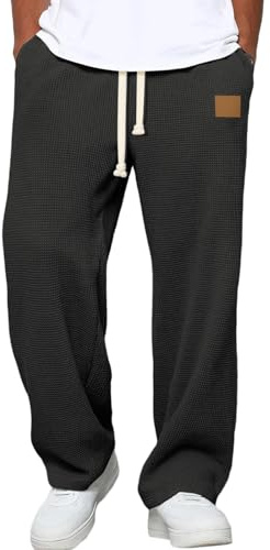 Mens Waffle Knit Trousers Straight Loose Legs Casual Jogging Bottoms Baggy Textured Pants Comfy Sports Soft Casual Lounge Trousers with Pockets