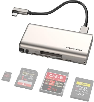 Freewell Pro kortläsare Plus – stöder SD, CF-express typ A/B, XQD upp till 4 TB, passiv värmeavledning, upp till 10 Gbps hastighet – champagneguld
