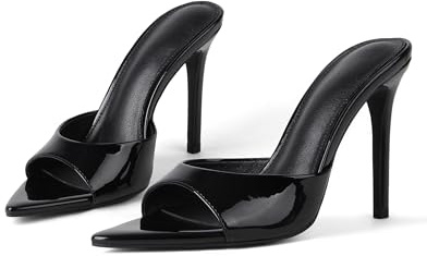INSMIA Womens Black Sandals Open Toe Stiletto High Heels Dress Mules Slip On Patent Leather Comfortable Shoes for Office Party Wedding Summer Sandals for Women 2026 Size 9
