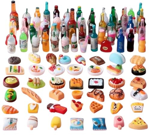 MLPKOI 150 Stück Miniatur Essen und Trinken, Puppenhaus Zubehör Mini Essen Spielzeug, Mini Küche Kleine Puppenzubehör Spielgeschirr, für Mini Küche, Rollenspiel Spielzeug, Essen Party, Zufällige Stile