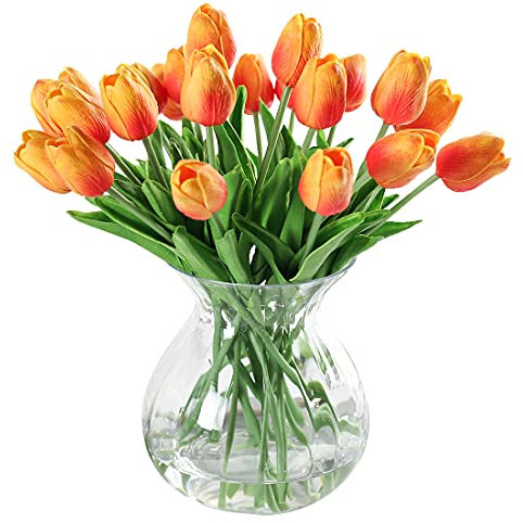 JUSTOYOU 10pcs Real Touch Latex Artificial Tulips Flowers Fake Tulips Flowers Wedding Bouquets for Wedding Home Garden Decoration (Orange)