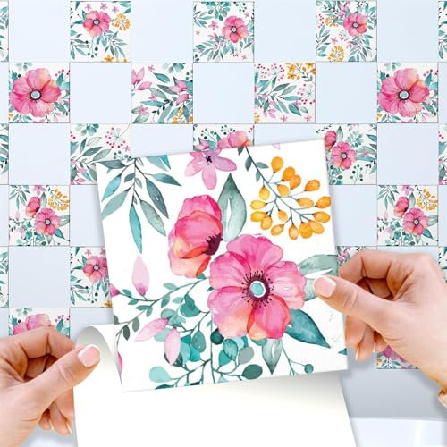 WALPLUS 24 Pcs 15cm(6) Tile Stickers Peel and Stick Backsplash Self-Adhesive Removeable Stick on Wall Vinyl Home Decoration DIY for Living Kitchen Bedroom Splashbacks - Sweet Spring Bouquet