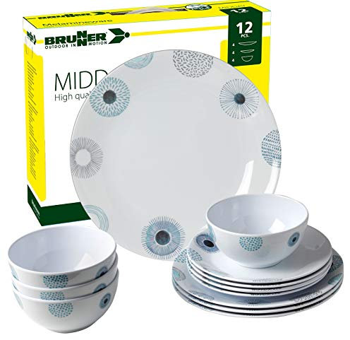 Brunner: Melamin-Geschirr Campinggeschirr (Antislip), 4 Personen (12 Teilig), DEEP SEA Midday, Grill Und Picknick