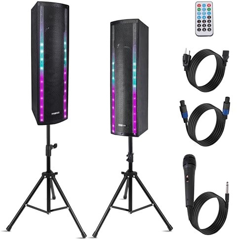 Pyle Altavoces, PA, 400W, Bluetooth, Portatil, Activo, Pasivo, 3 vias, Entrada para microfono, Luces, Radio FM, con Mando a Distancia y tripode Incluido