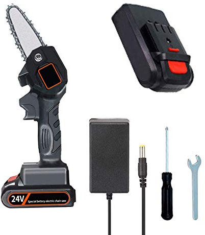 Mini motosierra eléctrica de 24 V, sin cable, con motor sin escobillas para corte de madera, con una sola mano, 0,7 kg, ligera, recargable, con cable eléctrico