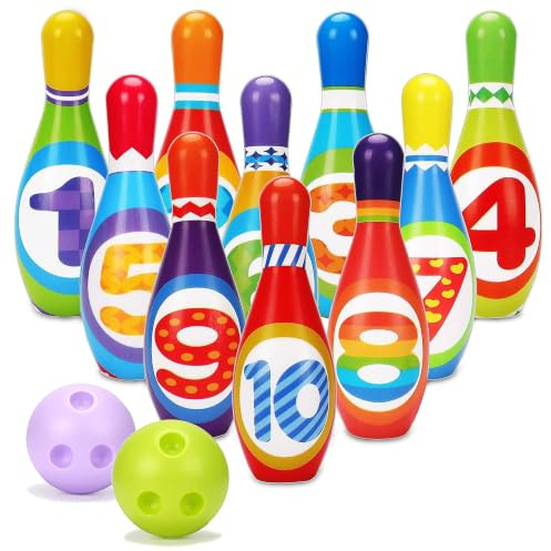 The Magic Toy Shop Kids Bowling Set for Indoor & Outdoor Skittles Game | Bright skittles help toddlers learn coordination. Lightweight pins roll smoothly across carpets or garden lawns.
