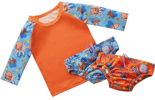 Bambino Mio, revolutionäres wiederverwendbares Schwimm-Set - 2 Schwimmwindeln und 1 Schwimmshirt für Babys und Kleinkinder, Sonnenschutz LSF40+, Wellen, (6-12 Monate), Britische Marke