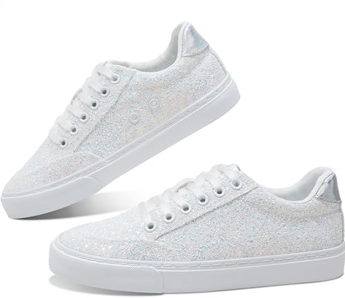 Jeekopeg Glitter Sparkly Fashion Sneakers Shiny Casual Shoes Bling Sequin Concert Low Cut Lace up Shoes(White Glitter,8 Women/6.5 Men)