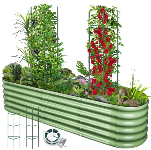 Kalolary 8x2x1,4 piedi Aiuole Giardino Rialzate con Traliccio, 12 Forme Metallo Grande Aiuola Rialzata Senza Fondo Traliccio Rivestimento Antiruggine Fioriera Bordo Sicurezza Fiori Frutta All'Aperto