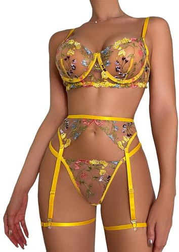 Mingnos Floral Stickerei Dessous Set für Damen Sexy Reizwäsche Bügel BH und G-String mit Strumpfband Gürtel Gelb, S