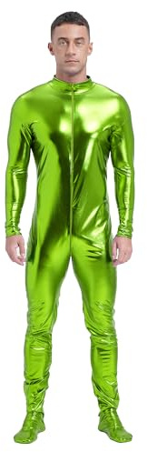 Aiihoo Män, body, metallisk, helkroppsdräkt, långärmad, overall, overall, gymnastikdräkt, discodanskostym, karneval, kostym, gräs-grön, XL