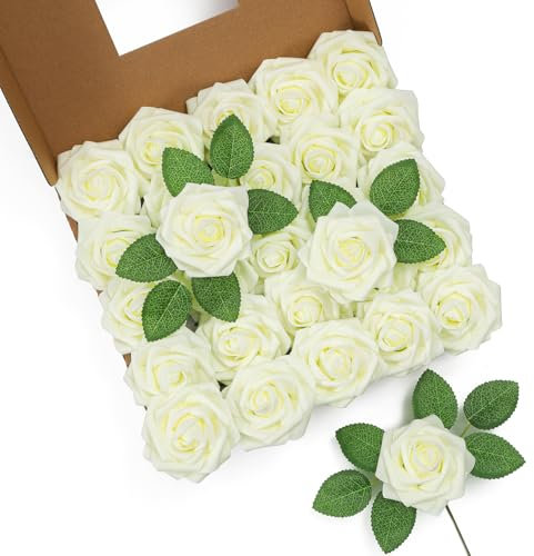 LEUCHTAMOR Lot de 25 roses artificielles blanches laiteuses en mousse au toucher réaliste pour bouquets de mariage, centres de table, arrangements floraux, fête, décoration d'intérieur