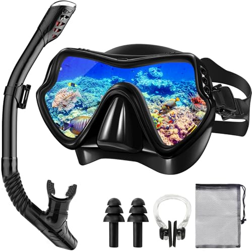 Vautvis Maschera Snorkeling Adulto, Maschera E Boccaglio Snorkeling, Antiappannante Maschera Sub, Maschera Da Sub Panoramici A 180°, Maschera Mare Adulto, Set Da Snorkeling E Immersioni (Nero)