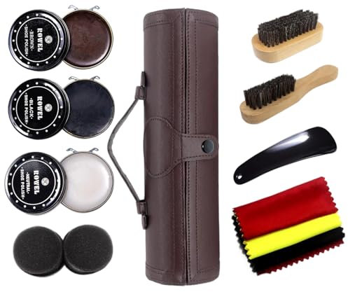 Onperpoe 12PCS Shoe Polish Kit Cleaning Shine Care Barrel Set for Brown Black Leather with Brush Travel Case Soft Horsehair Bristle Shoe Dauber Wooden Applicator Brushes Shoehorn Cloth Shoe Care Kit