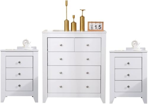Kingwudo® White Chest of Drawers set (2+3 Drawers Chest + 3 Drawers Bedside Table x 2) Bedroom 3 Pieces Set Storage Cabinet Storage Unit for Bedroom Furniture