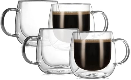 CNGLASS 12oz Double Walled Glass Coffee Mugs(4-pack),Large Clear Coffee Cups with Handle,Glass Espresso Mugs for Latte,Cappuccino,Tea