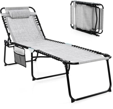 COSTWAY Sonnenliege mit Kopfstütze und Seitentasche, hohe Sitzhöhe, klappbare Gartenliege mit Verstellbarer Rückenlehne, Strandliege bis 150 kg belastbar, Liegestuhl für Garten (Grau)