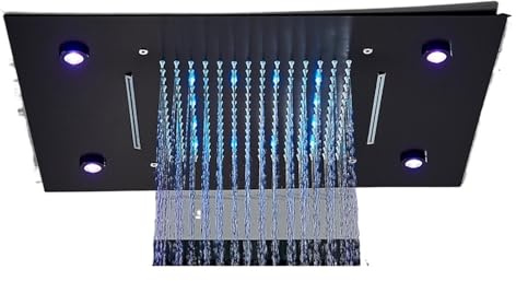 Soffione doccia a cascata di lusso con luce a LED, 49 * 35 cm, da incasso a soffitto, docce colorate for bagno(Matte Black)